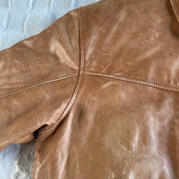 🔥Vintage Y2K Leather 2000 Brown Bomber Jacket Faux Fur Lined Grunge Biker Patina - Picture 12 of 16